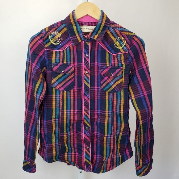 Bit & Bridle Western Pink Purple Plaid Snap Up top size small - Picture 1 of 8